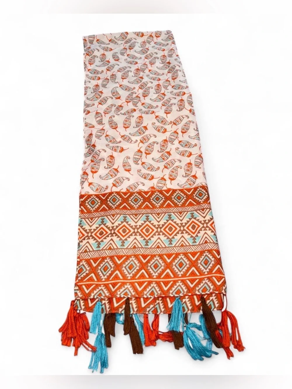 Patterned Orange Tassel Wrap Scarf
